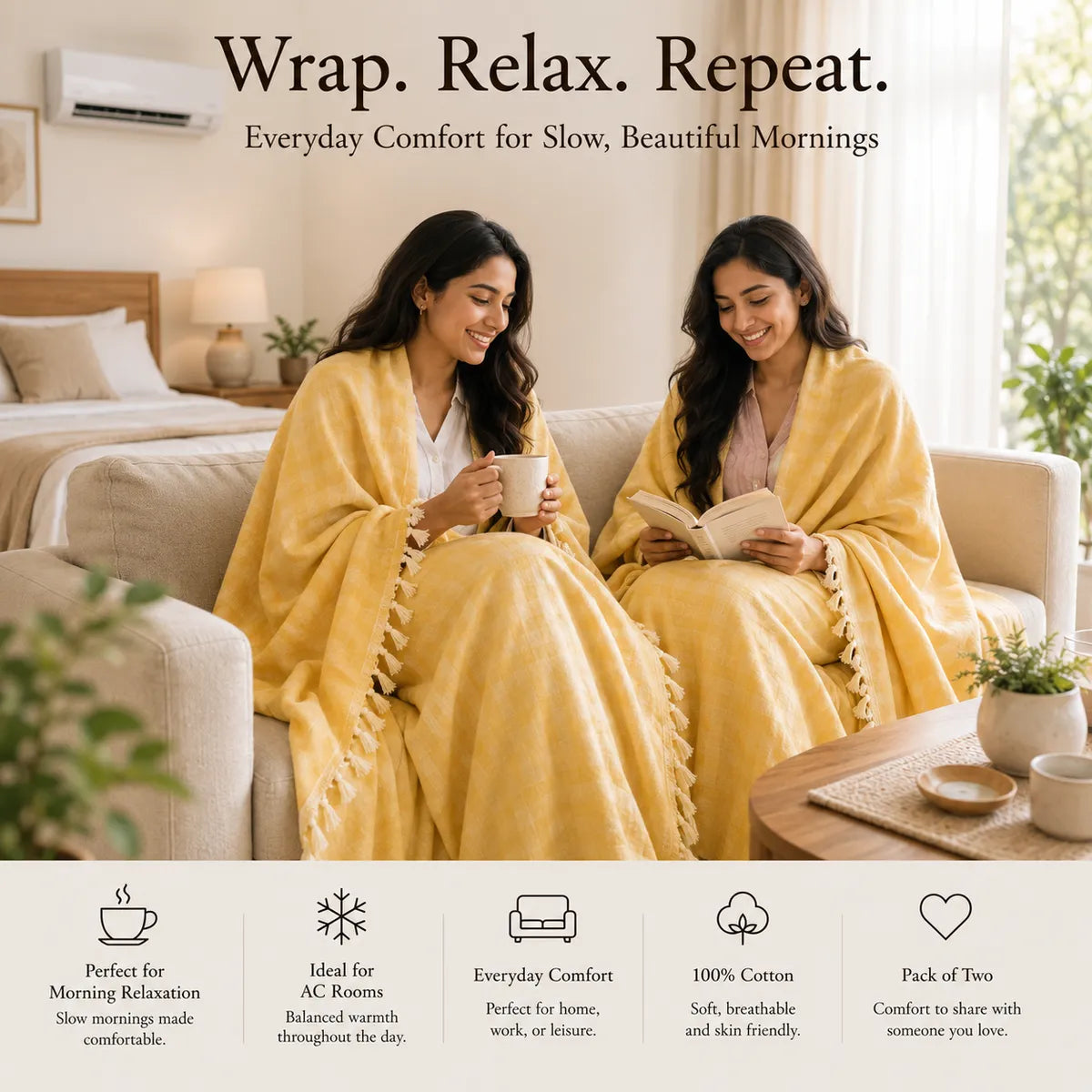 Pack of 2 Yellow Cotton Queen Size Bhagalpuri Dull All Season Blanket | 90*50 In