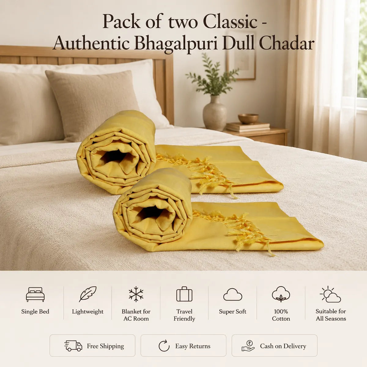 Pack of 2 Yellow Cotton Queen Size Bhagalpuri Dull All Season Blanket | 90*50 In