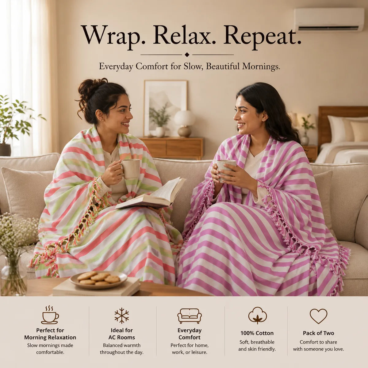 Pack of 2 - 100% Cotton Lightweight AC Blanket for All Seasons | Super Soft, Travel-Friendly, Compact Throw Blanket | 100*54 Inches