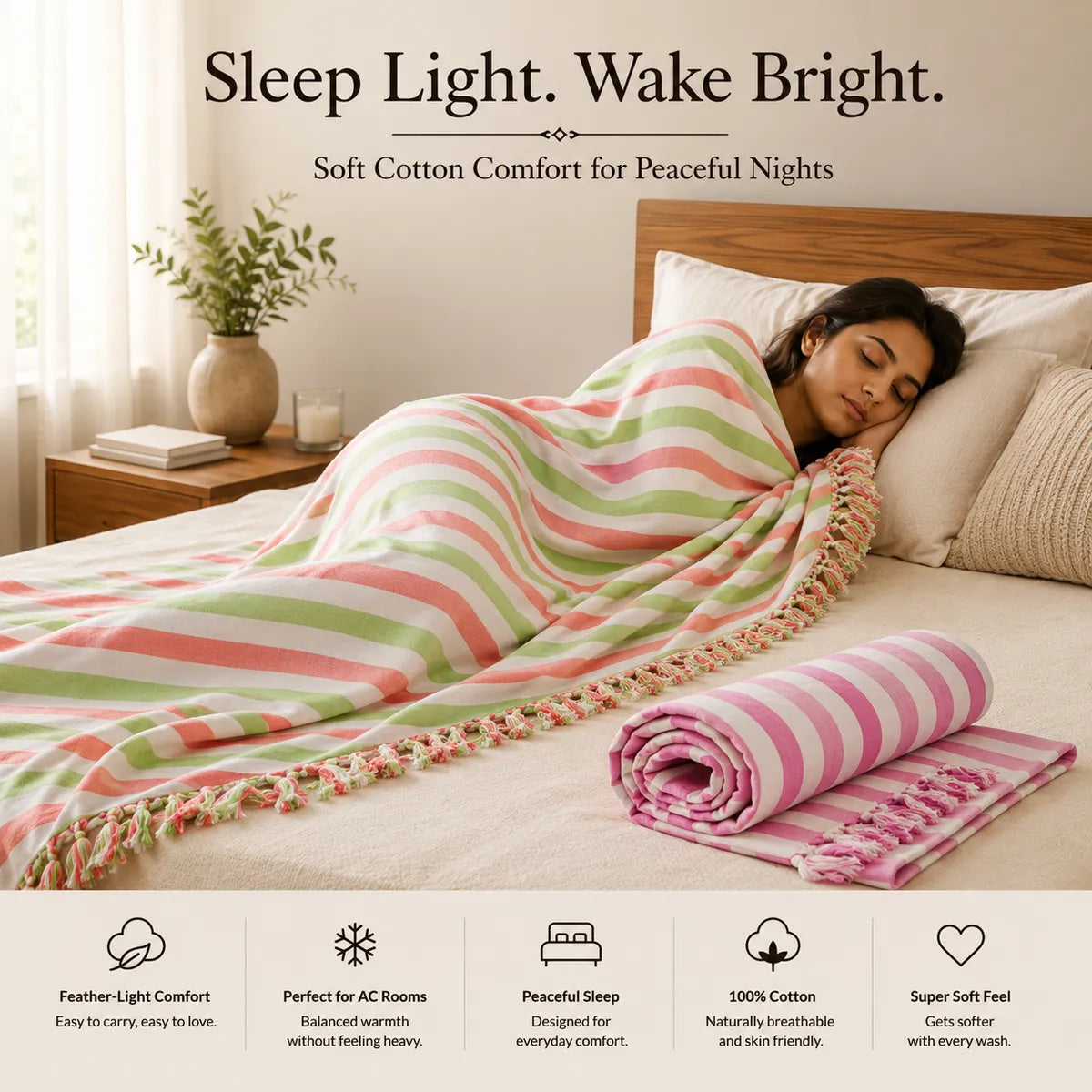 Pack of 2 - 100% Cotton Lightweight AC Blanket for All Seasons | Super Soft, Travel-Friendly, Compact Throw Blanket | 100*54 Inches