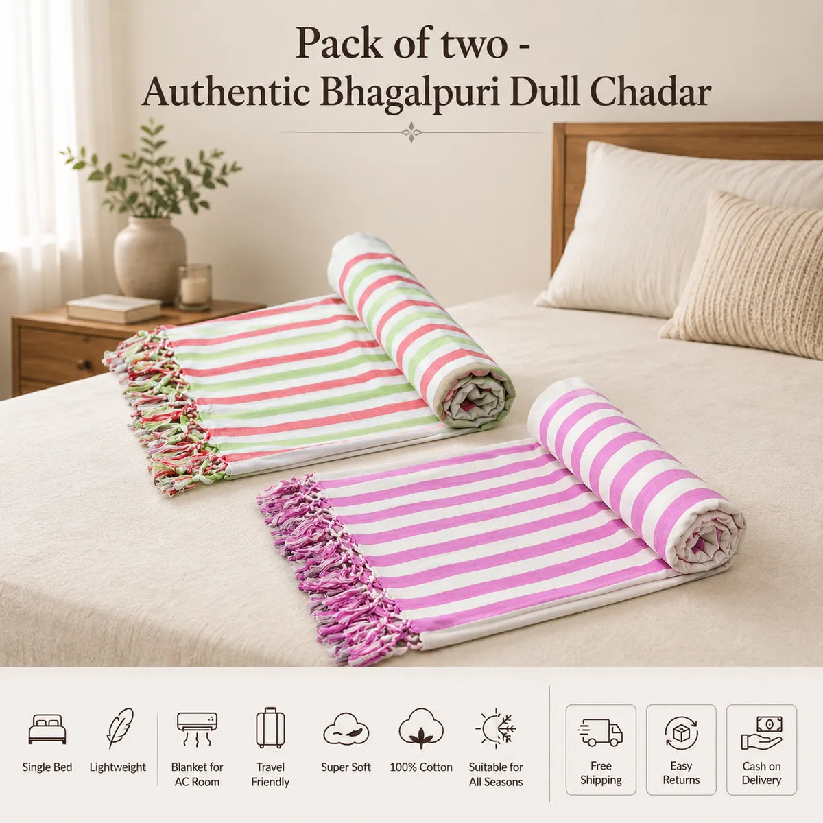 Pack of 2 - 100% Cotton Lightweight AC Blanket for All Seasons | Super Soft, Travel-Friendly, Compact Throw Blanket | 100*54 Inches