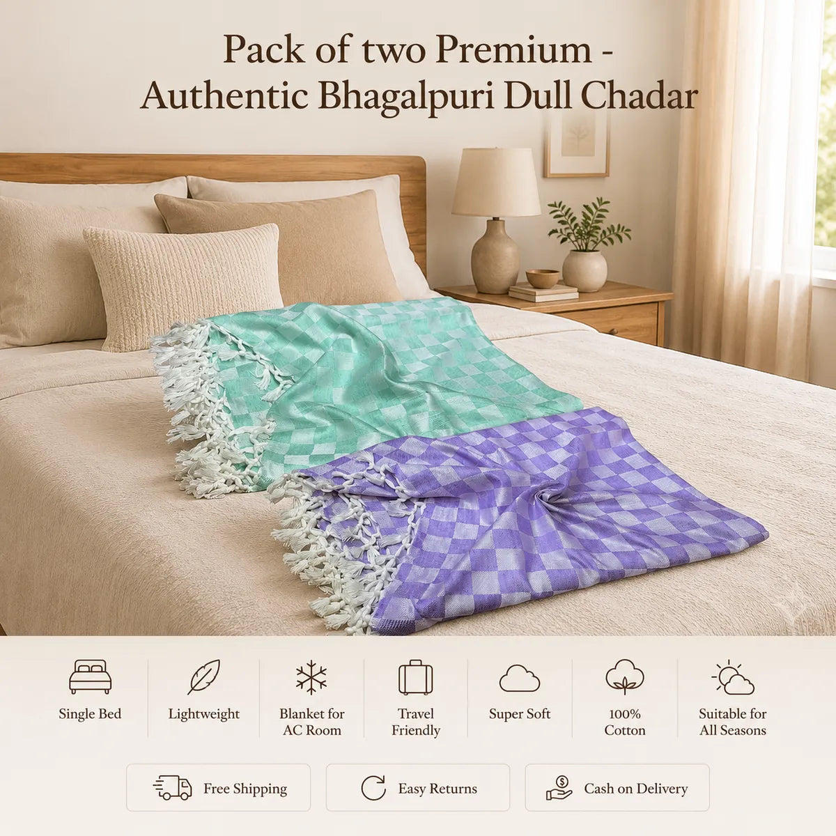 Pack of 2 Premium 3D Bhagalpuri Dull Chadar - Super Soft & Extra Long Blanket|Cozy & Lightweight | 100*54 In