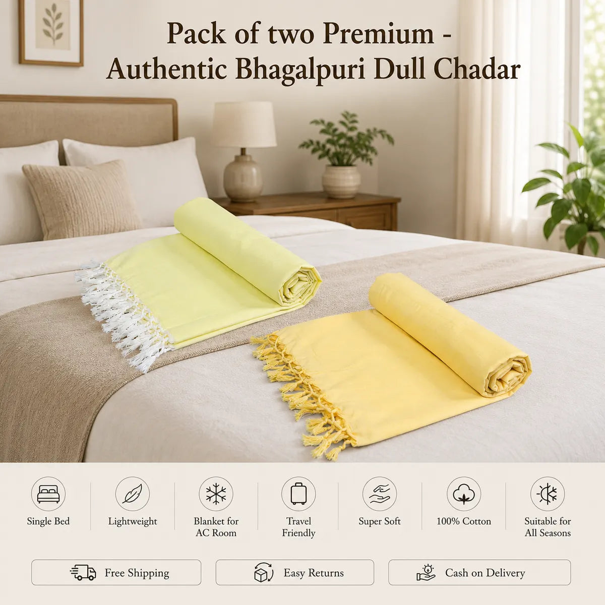Pack of 2 Premium Bhagalpuri Dull Chadar - Super Soft & Extra Long Blanket | 100*54 In