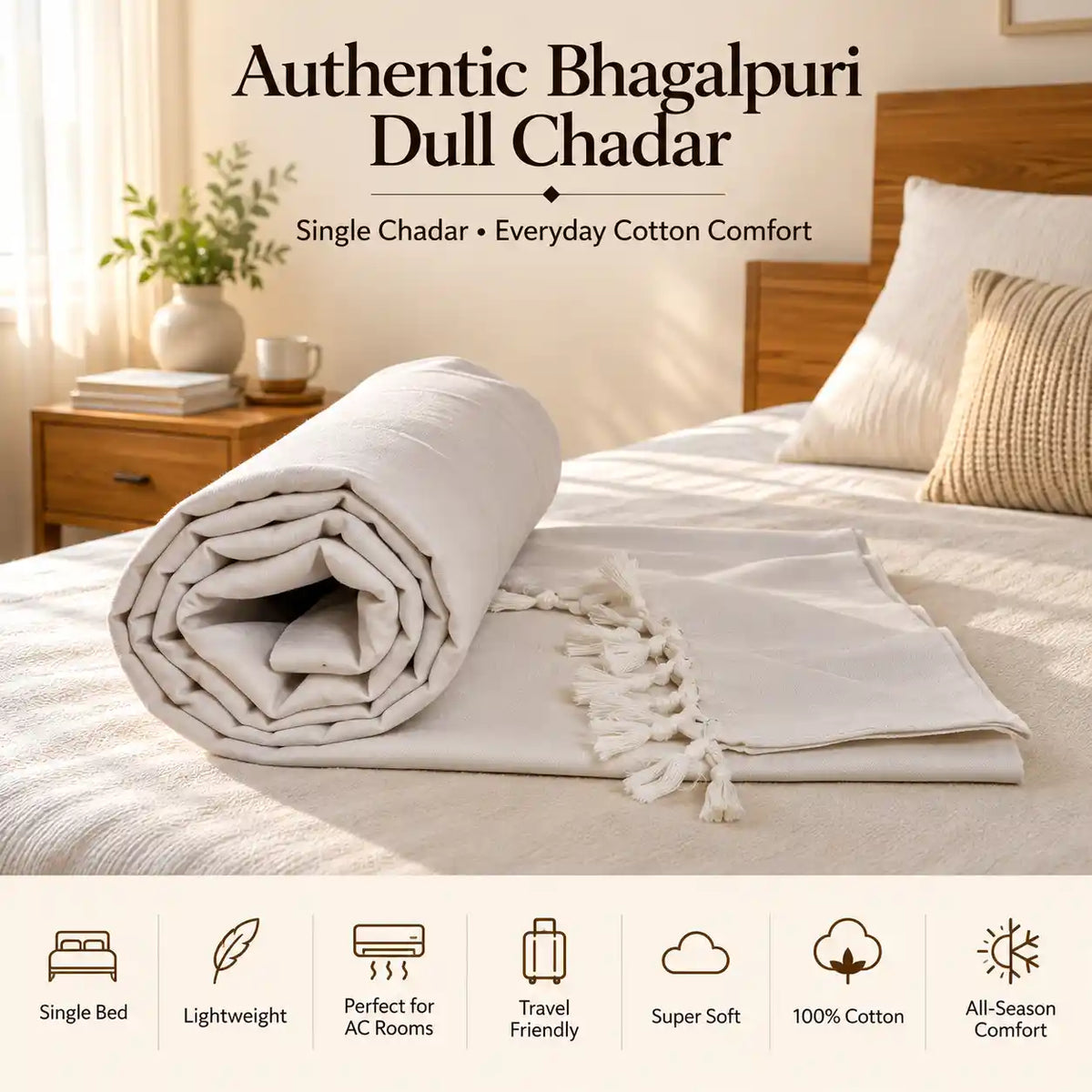 Bhagalpuri Dull Chadar | 100% Cotton AC Blanket for Single Bed | Lightweight & Soft | 90*50 In