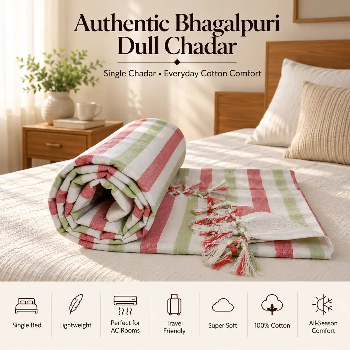 Bhagalpuri Dull Chadar | 100% Cotton AC Blanket for Single Bed | Lightweight & Soft | 90*50 In