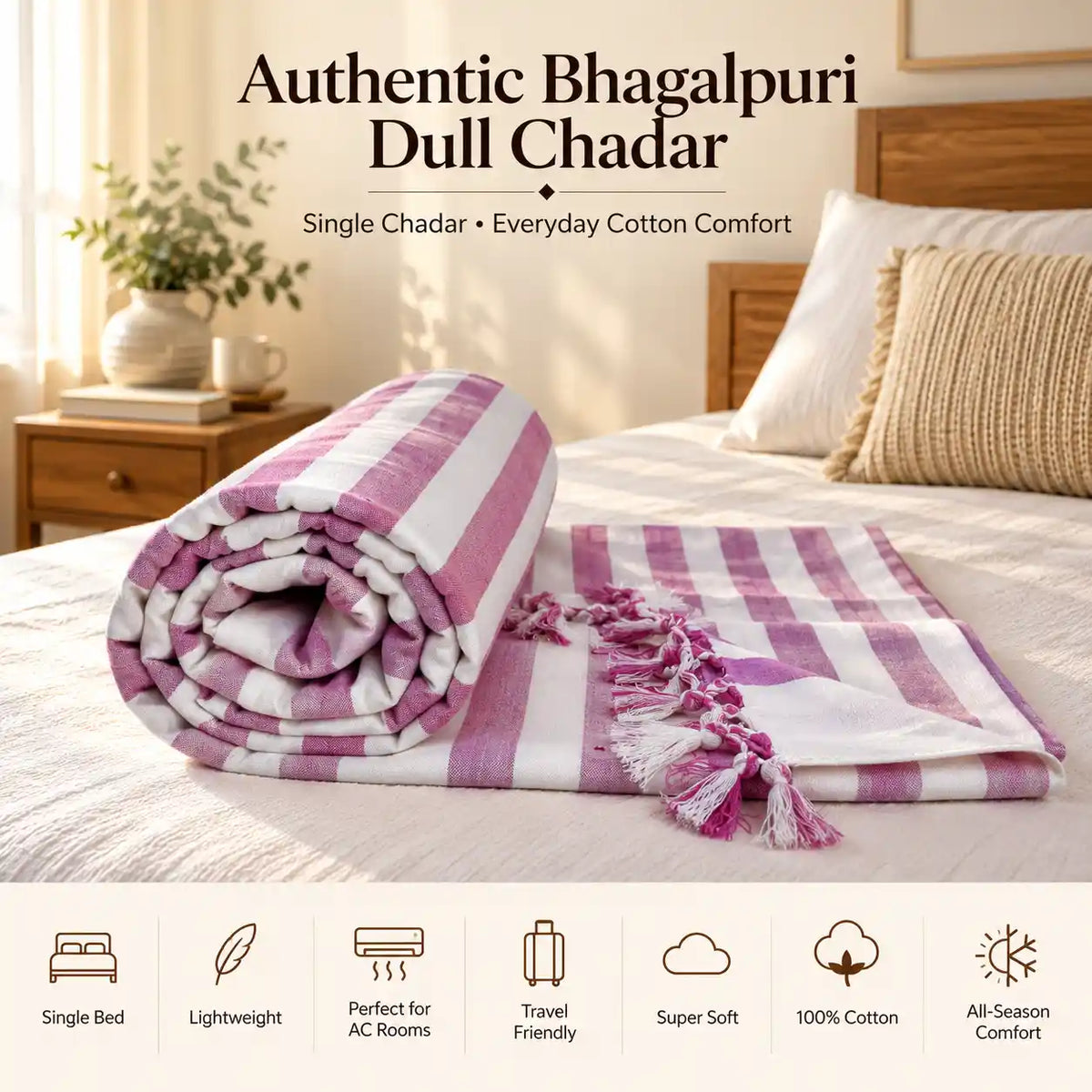 3D Bhagalpuri Dull Chadar | 100% Cotton AC Blanket for Single Bed | Lightweight & Soft | 90*50 In