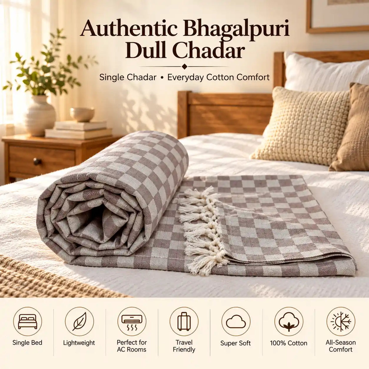 3D Bhagalpuri Dull Chadar | 100% Cotton AC Blanket for Single Bed | Lightweight & Soft | 90*50 In