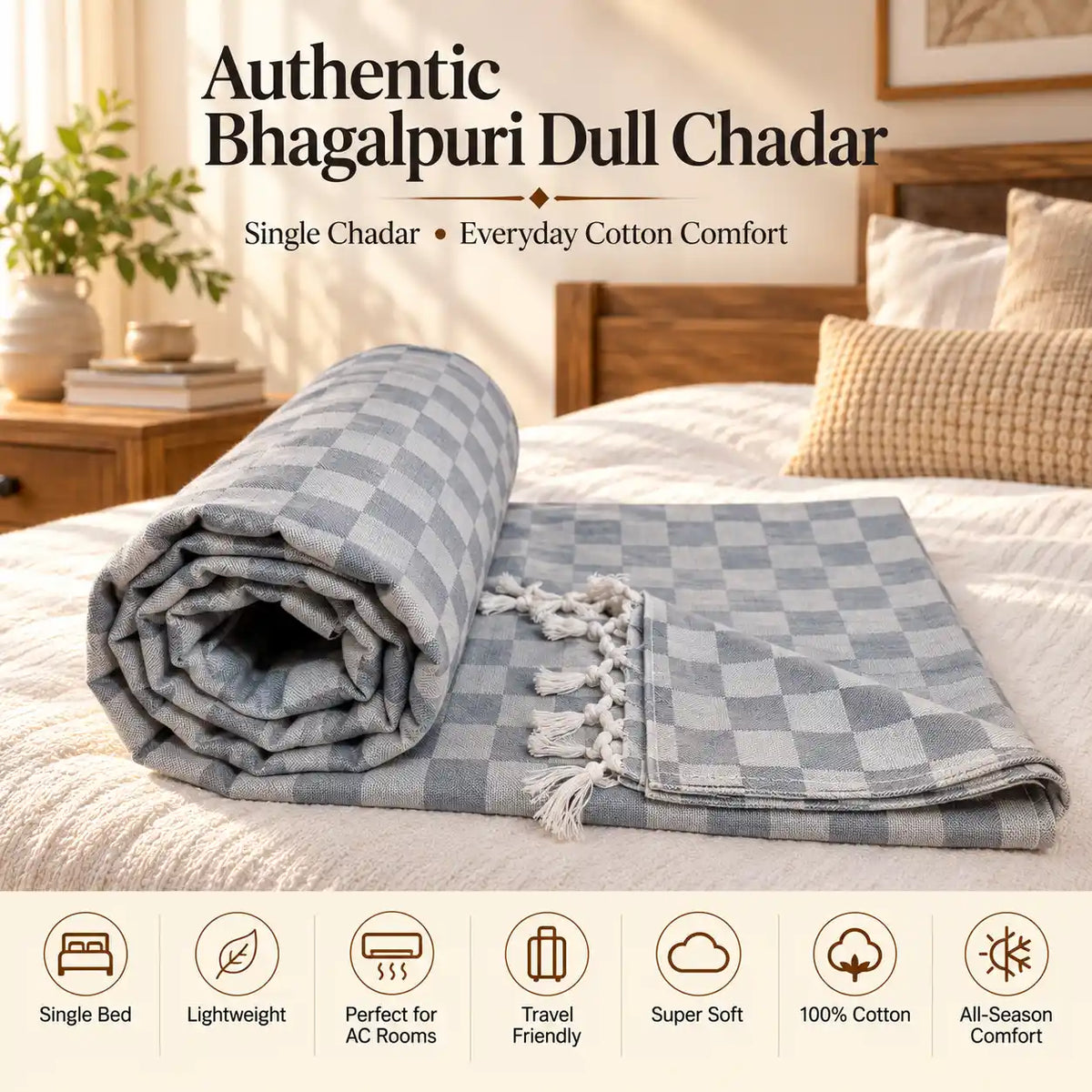 3D Bhagalpuri Dull Chadar | 100% Cotton AC Blanket for Single Bed | Lightweight & Soft | 90*50 In