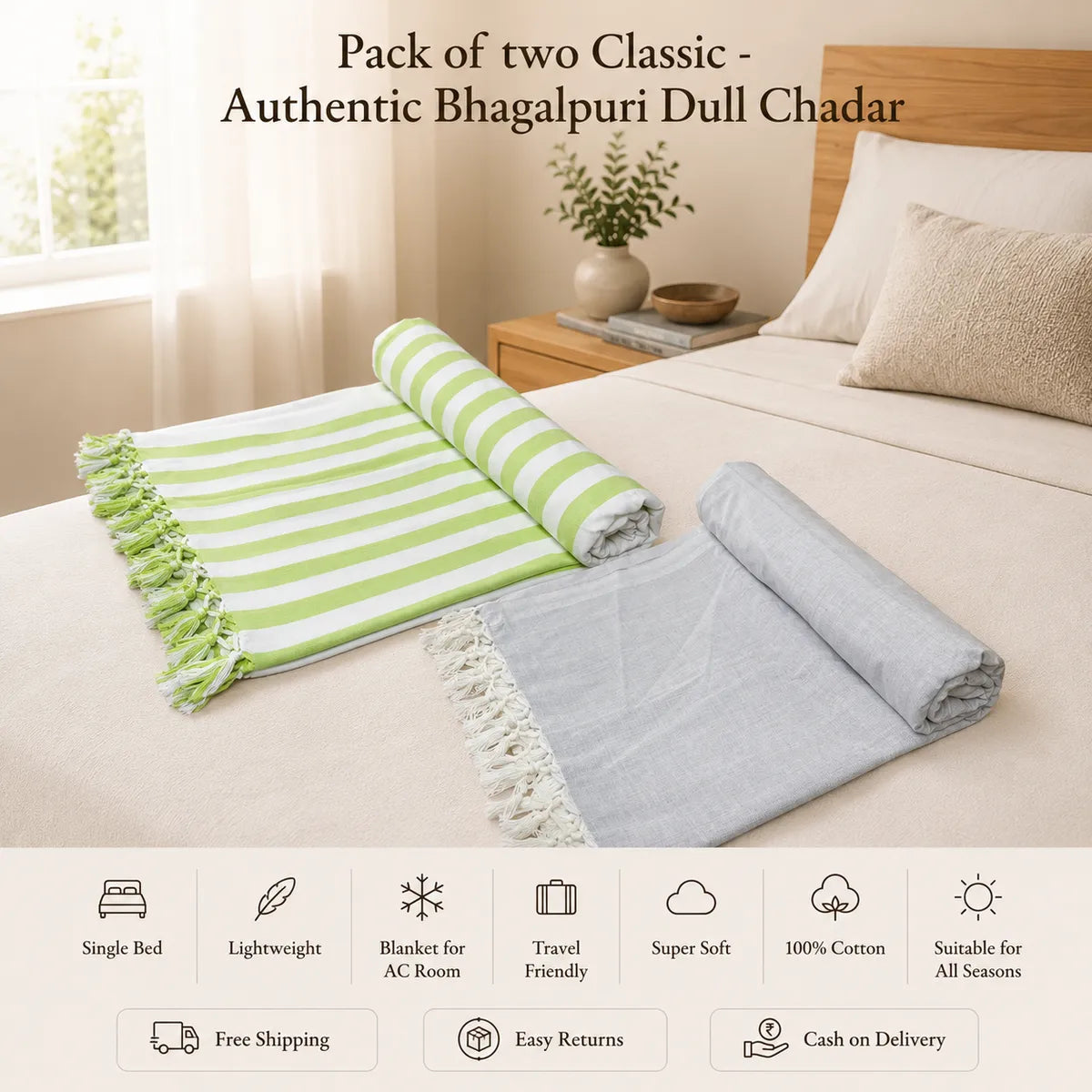 Pack of 2 Premium Bhagalpuri Dull Chadar - Super Soft & Extra Long Blanket | 100*54 In