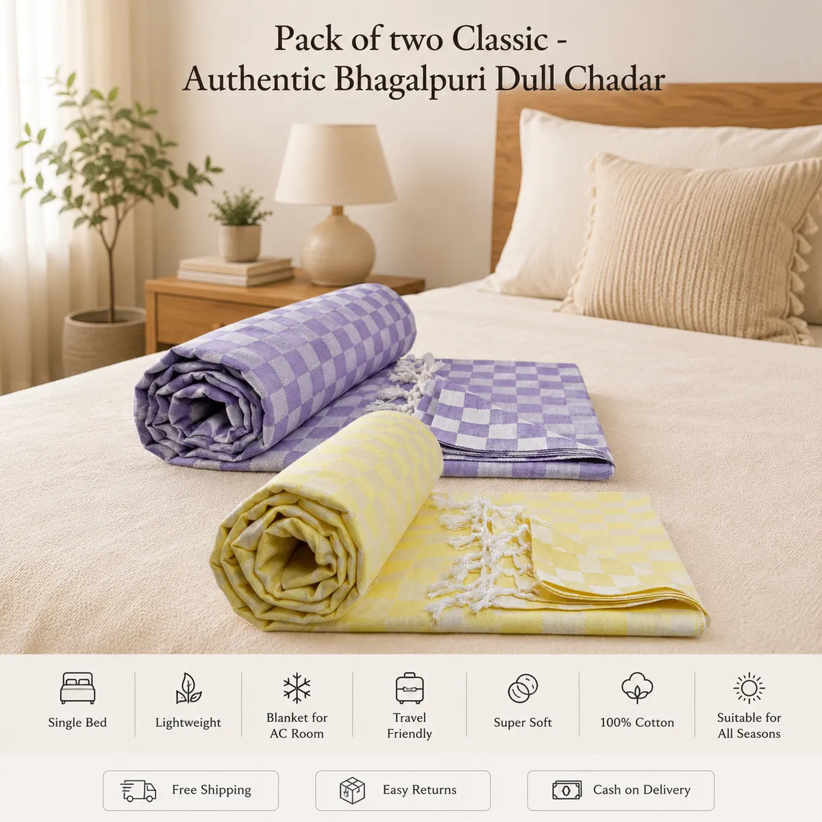 Pack of 2 3D Multicolor Cotton Queen Size Bhagalpuri Dull AC Blanket | 90*50 In