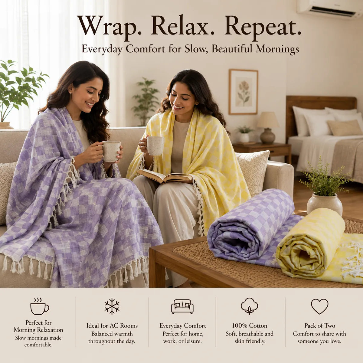 Pack of 2 3D Multicolor Cotton Queen Size Bhagalpuri Dull AC Blanket | 90*50 In