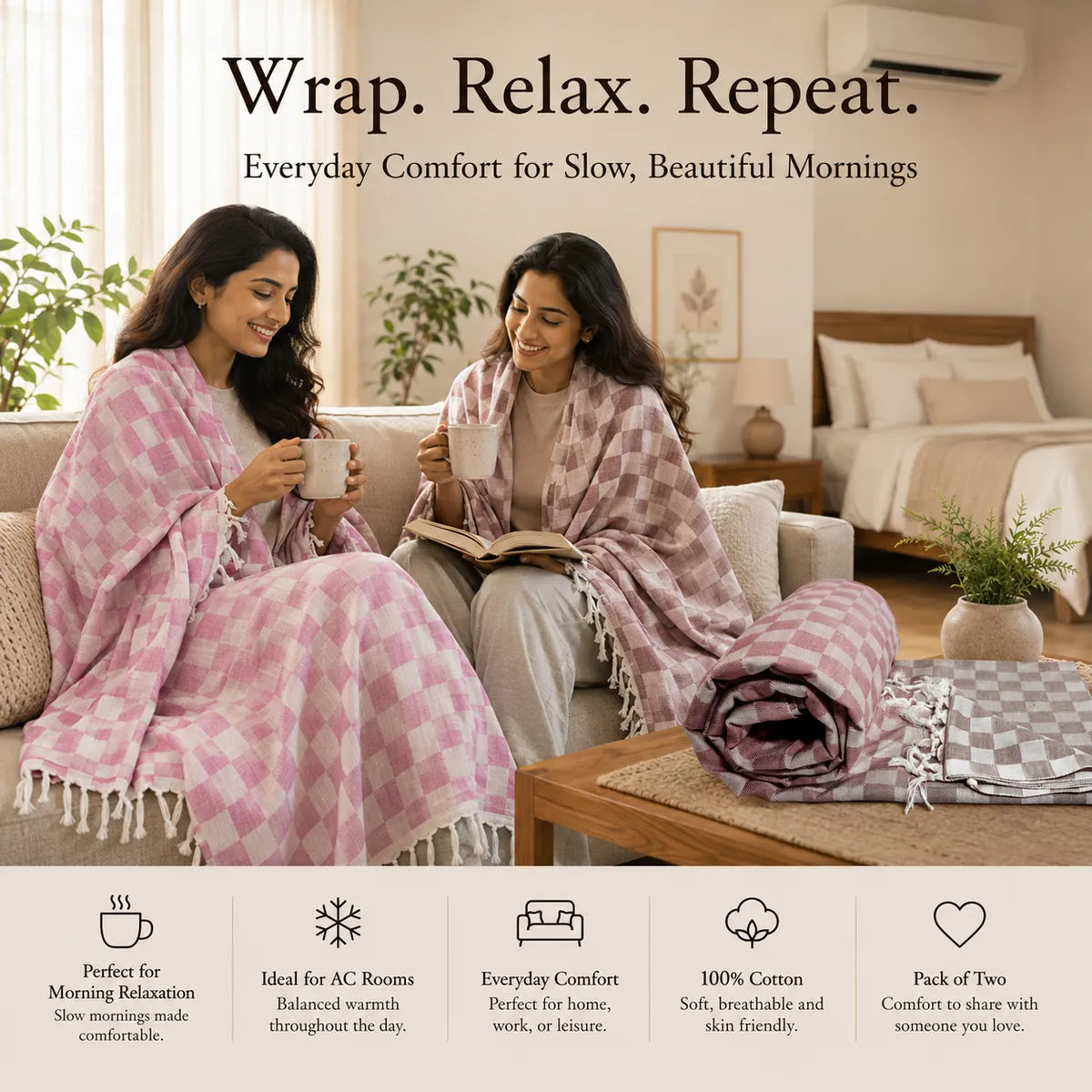 Pack of 2 3D Multicolor Cotton Queen Size Bhagalpuri Dull AC Blanket | 90*50 In
