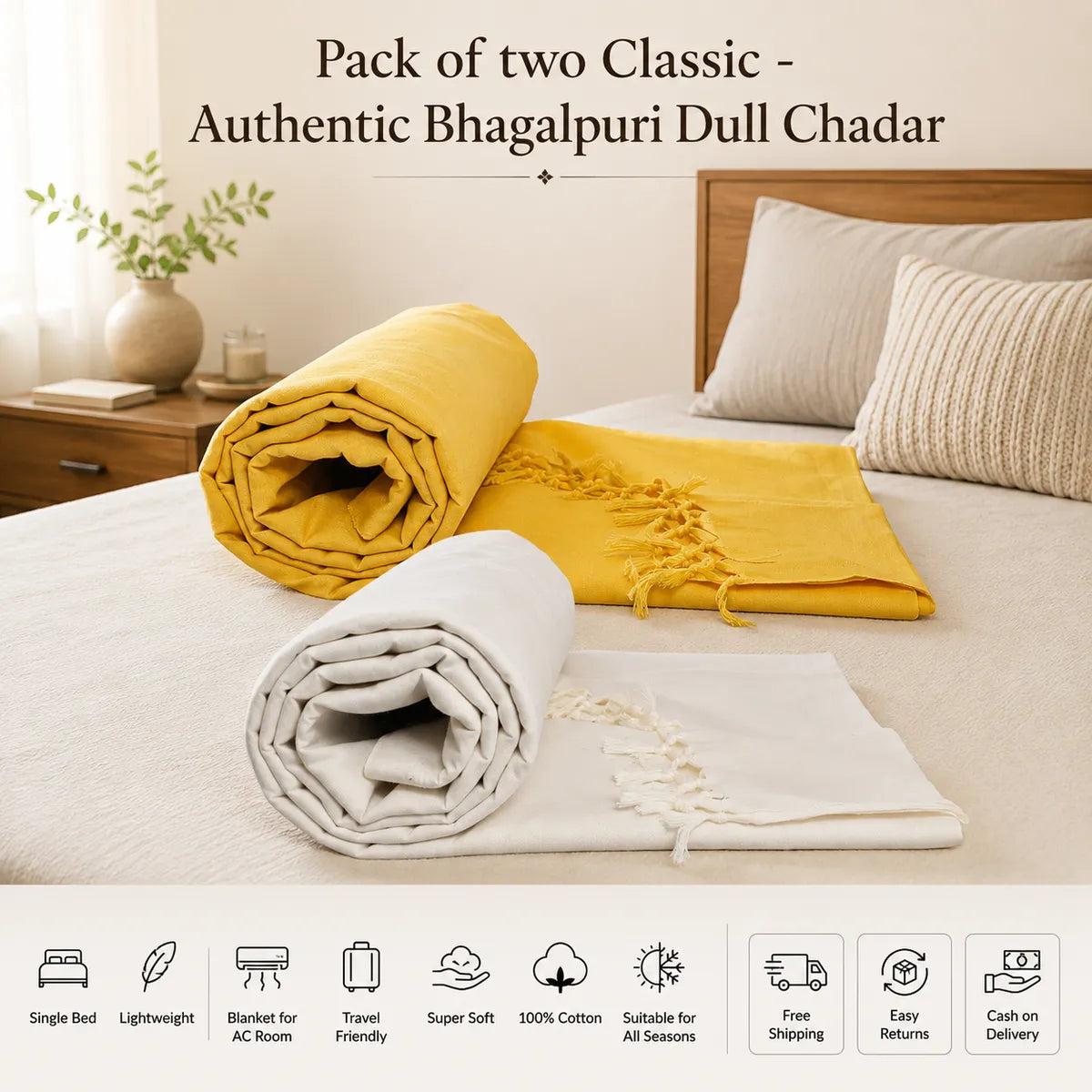 Pack of 2 Different Unicolor Cotton Queen Size Bhagalpuri Dull Blanket | 90*50 In