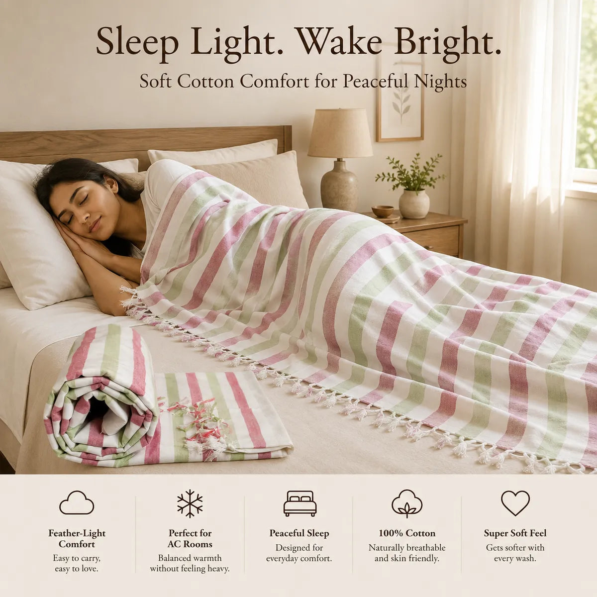 Pack of 2 Striped Multicolor Cotton Queen Size Bhagalpuri Dull All Season Blanket | 90*50 In