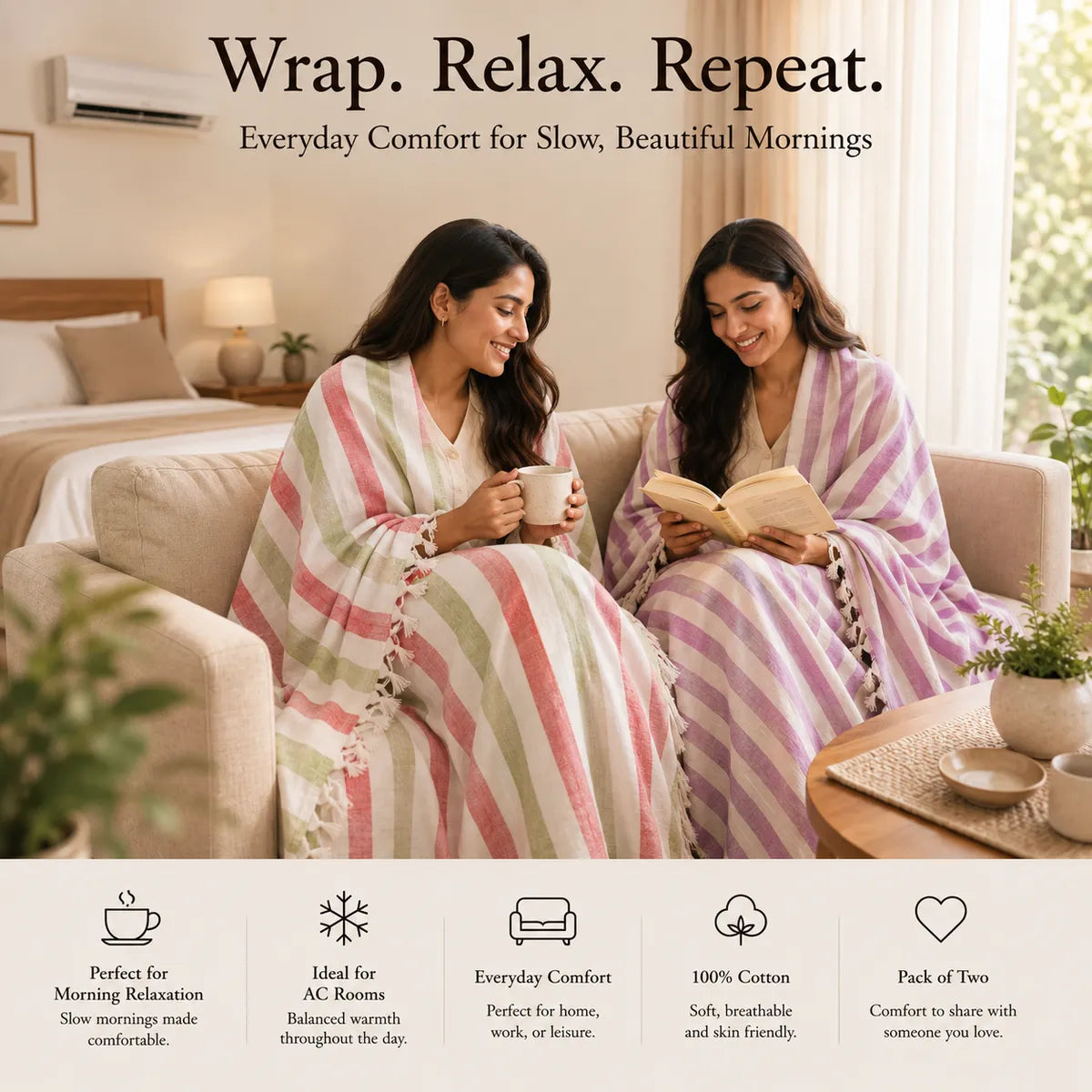 Pack of 2 Striped Multicolor Cotton Queen Size Bhagalpuri Dull All Season Blanket | 90*50 In
