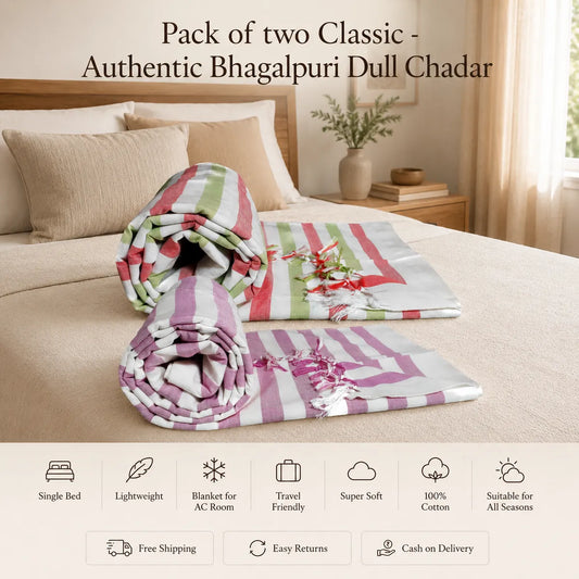 Pack of 2 Striped Multicolor Cotton Queen Size Bhagalpuri Dull All Season Blanket | 90*50 In