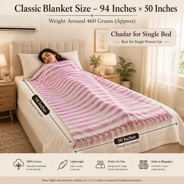 Pack of 2 Striped Multicolor Cotton Queen Size Bhagalpuri Dull All Season Blanket | 90*50 In