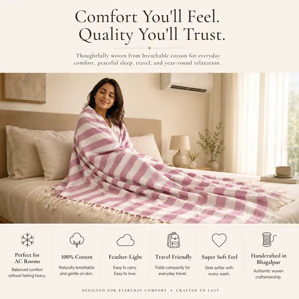 Pack of 2 - 100% Cotton Lightweight AC Blanket for All Seasons | Super Soft, Travel-Friendly, Compact Throw Blanket | 100*54 Inches