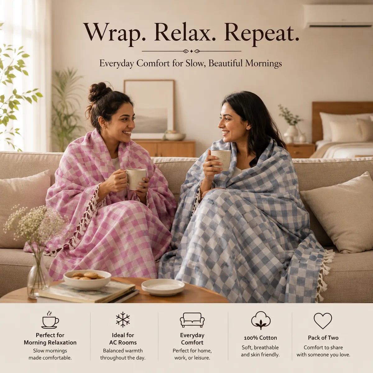 Pack of 2  3D Multicolor Cotton Queen Size Bhagalpuri Dull All Season Blanket | 94*50 Inches