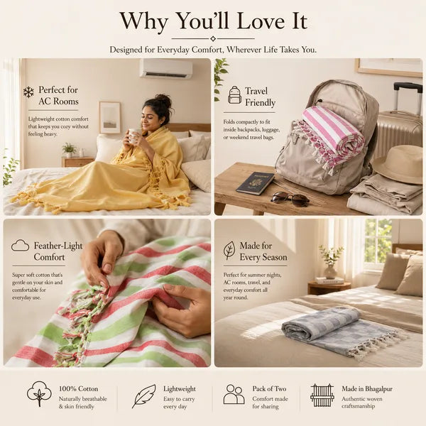 Pack of 2 Striped Multicolor Cotton Queen Size Bhagalpuri Dull All Season Blanket | 90*50 In