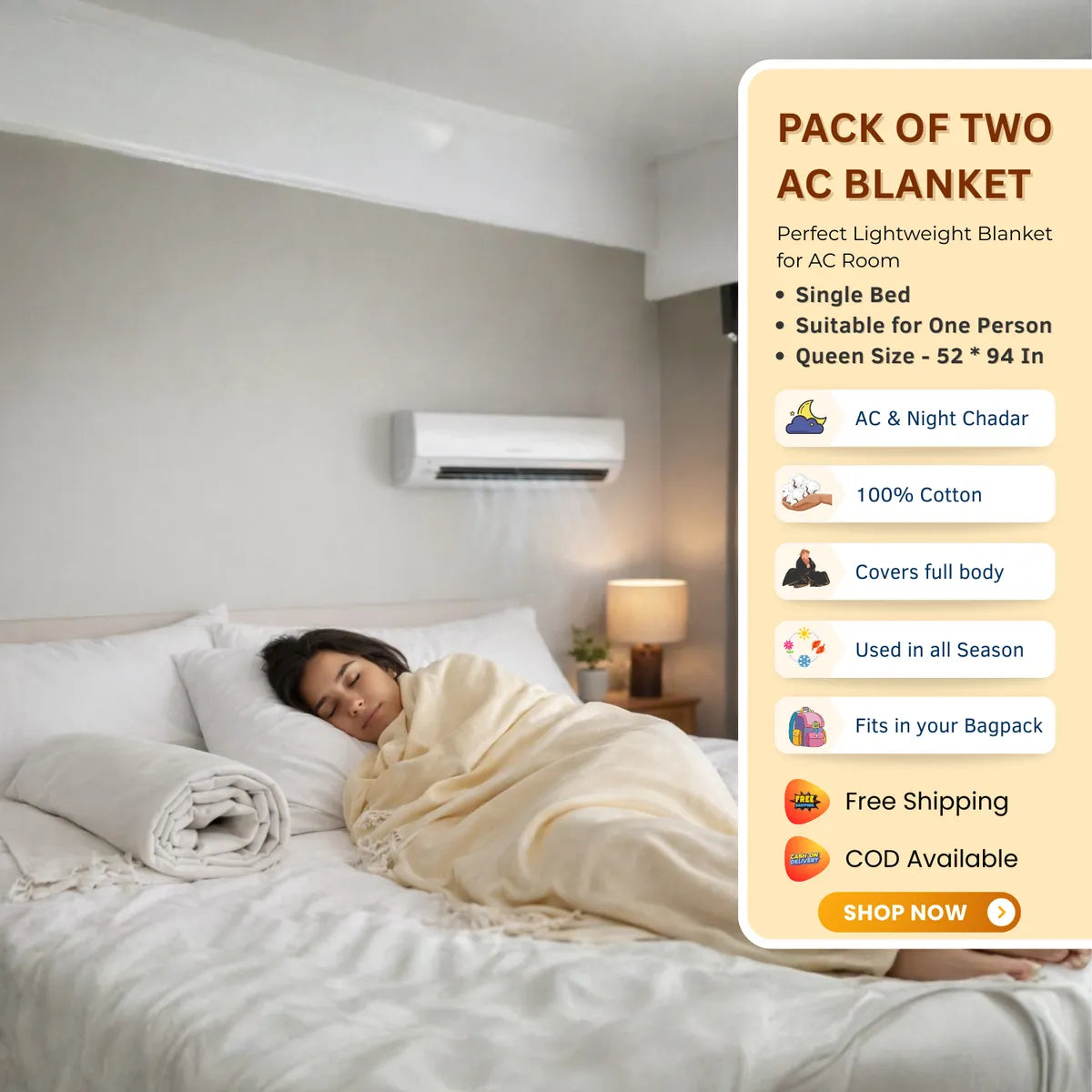 Pack of 2 - 100% Cotton Lightweight AC Blanket for All Seasons | Super Soft, Travel-Friendly, Compact Throw Blanket | 90*50 In