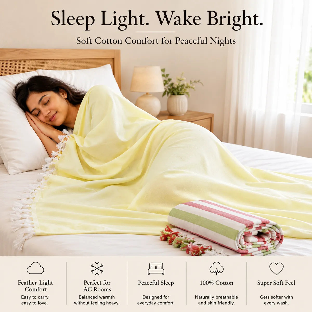 Pack of 2 (1 striped+ 1 Plain) Multicolour Cotton Queen Size Bhagalpuri Dull AC Blanket | 90*50 In
