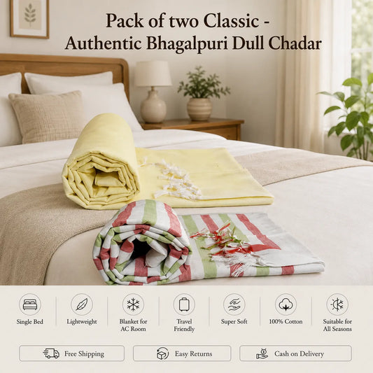Pack of 2 (1 striped+ 1 Plain) Multicolour Cotton Queen Size Bhagalpuri Dull AC Blanket | 90*50 In