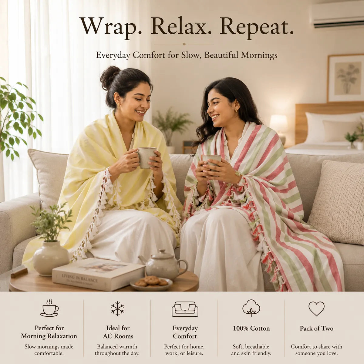 Pack of 2 (1 striped+ 1 Plain) Multicolour Cotton Queen Size Bhagalpuri Dull AC Blanket | 90*50 In