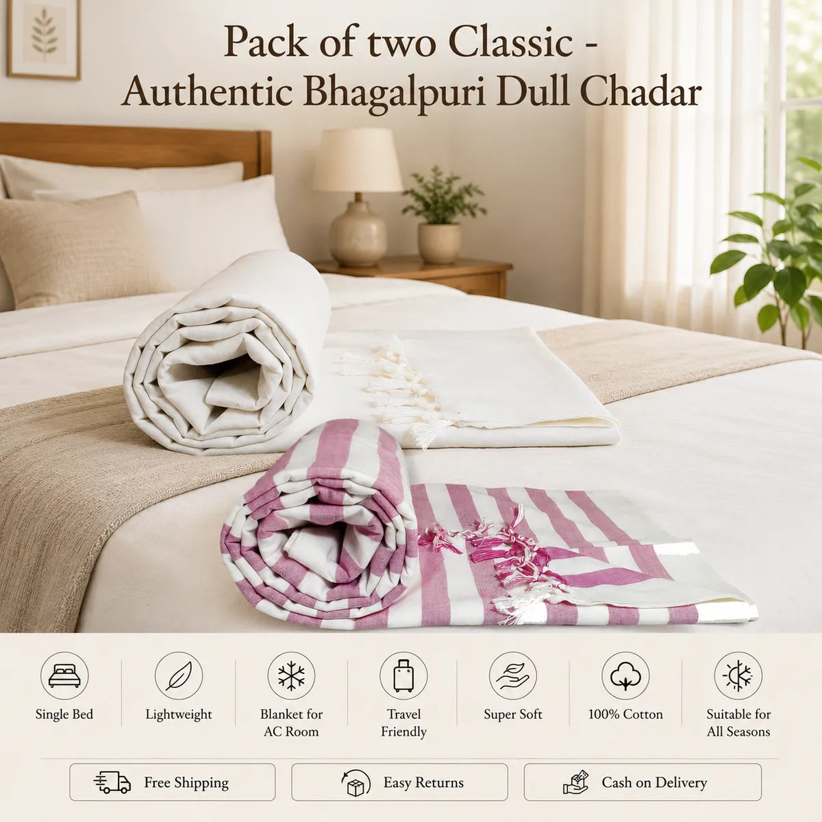 Pack of 2 Striped Multicolor Cotton Queen Size Bhagalpuri Dull All Season Blanket | 90*50 In