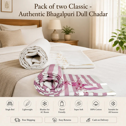 Pack of 2 Striped Multicolor Cotton Queen Size Bhagalpuri Dull All Season Blanket | 90*50 In