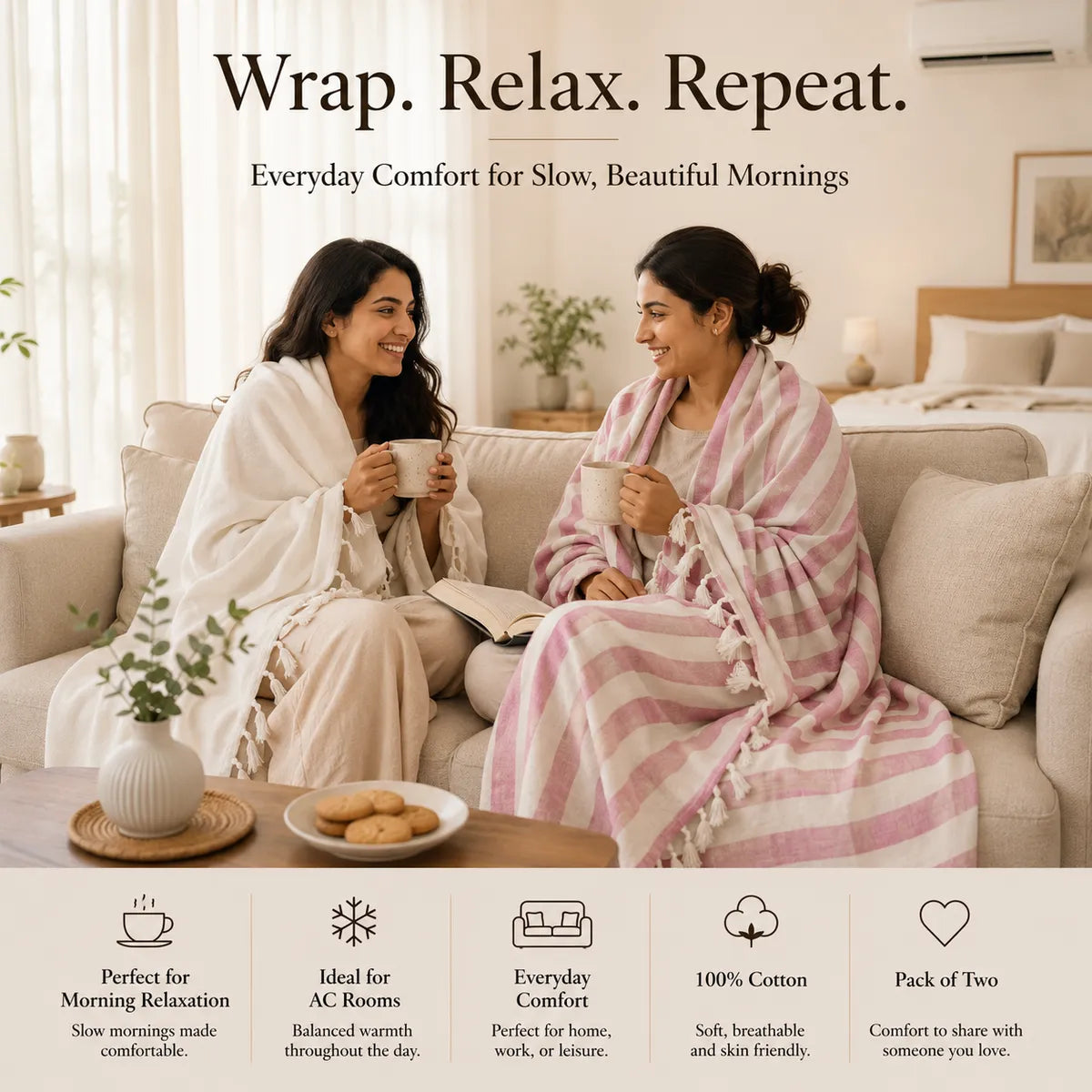 Pack of 2 Striped Multicolor Cotton Queen Size Bhagalpuri Dull All Season Blanket | 90*50 In