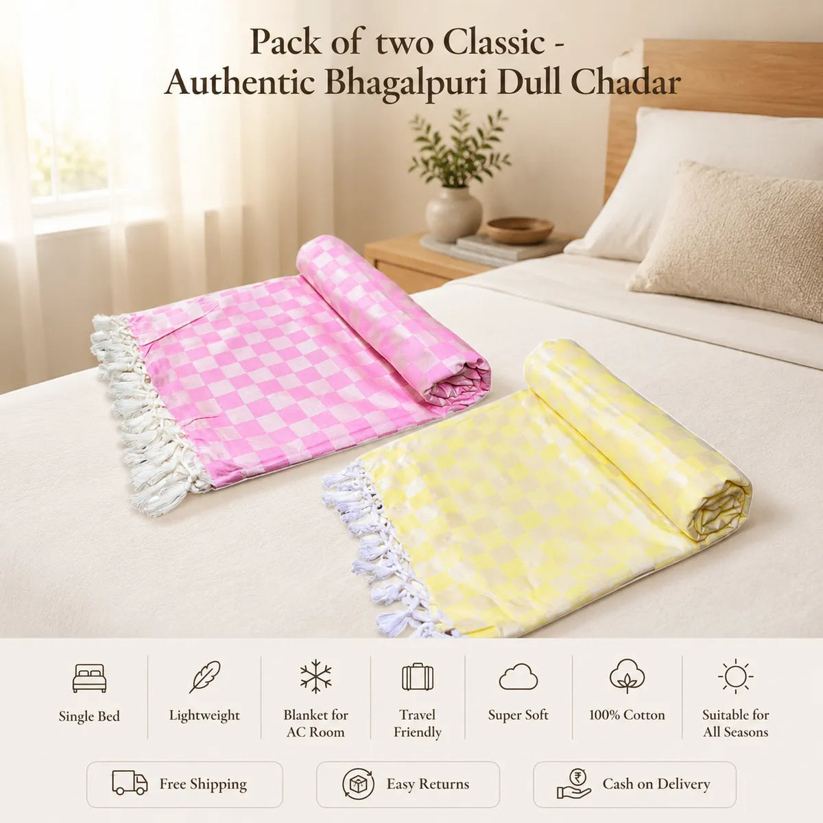 Pack of 2 Premium 3D Bhagalpuri Dull Chadar - Super Soft & Extra Long Blanket | 100*54 In