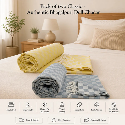 Pack of 2 Multicolour Cotton Queen Size Bhagalpuri Dull AC Blanket | 90*50 In