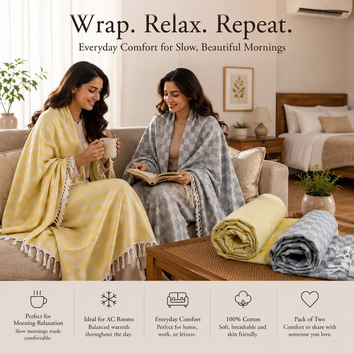 Pack of 2 Multicolour Cotton Queen Size Bhagalpuri Dull AC Blanket | 90*50 In