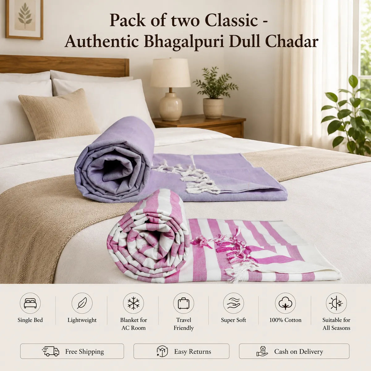 Pack of 2 (1 striped+ 1 Plain) Multicolor Cotton Queen Size Bhagalpuri Dull AC Blanket | 90*50 In