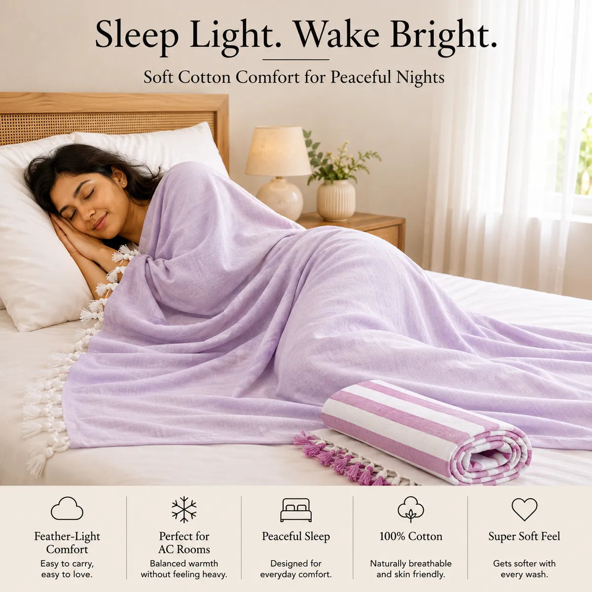 Pack of 2 (1 striped+ 1 Plain) Multicolor Cotton Queen Size Bhagalpuri Dull AC Blanket | 90*50 In