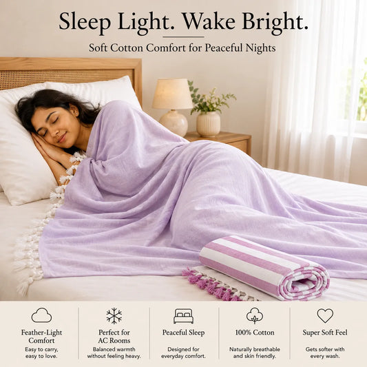 Pack of 2 (1 striped+ 1 Plain) Multicolor Cotton Queen Size Bhagalpuri Dull AC Blanket | 90*50 In