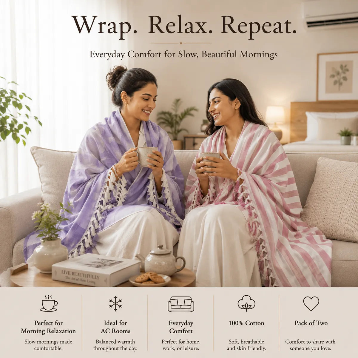 Pack of 2 (1 striped+ 1 Plain) Multicolor Cotton Queen Size Bhagalpuri Dull AC Blanket | 90*50 In