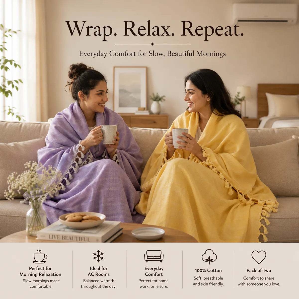 Pack of 2 Multicolour Cotton Queen Size Bhagalpuri Dull All Season Blanket | 90*52 In