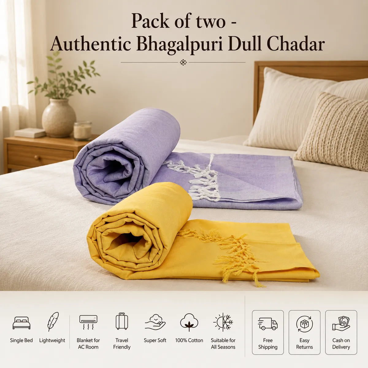Pack of 2 Multicolour Cotton Queen Size Bhagalpuri Dull All Season Blanket | 90*52 In