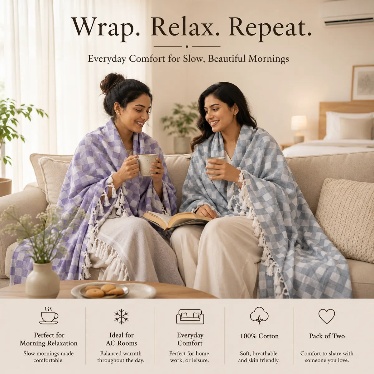 Pack of 2 3D Multicolor Cotton Queen Size Bhagalpuri Dull Blanket | 90*52 In