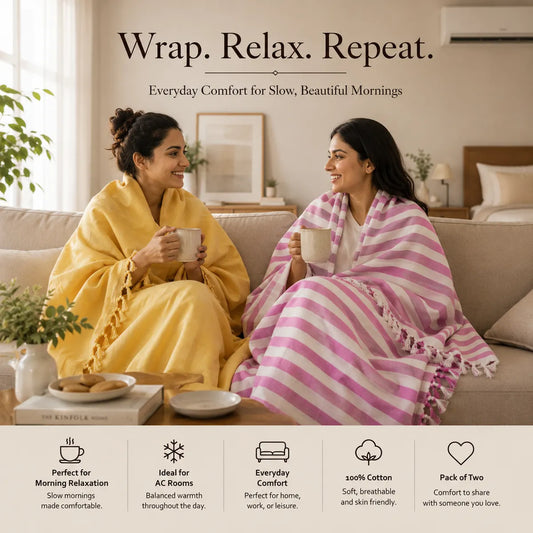 Pack of 2 (1 striped+ 1 Plain) Multicolor Cotton Queen Size Bhagalpuri Dull Blanket | 90*50 In