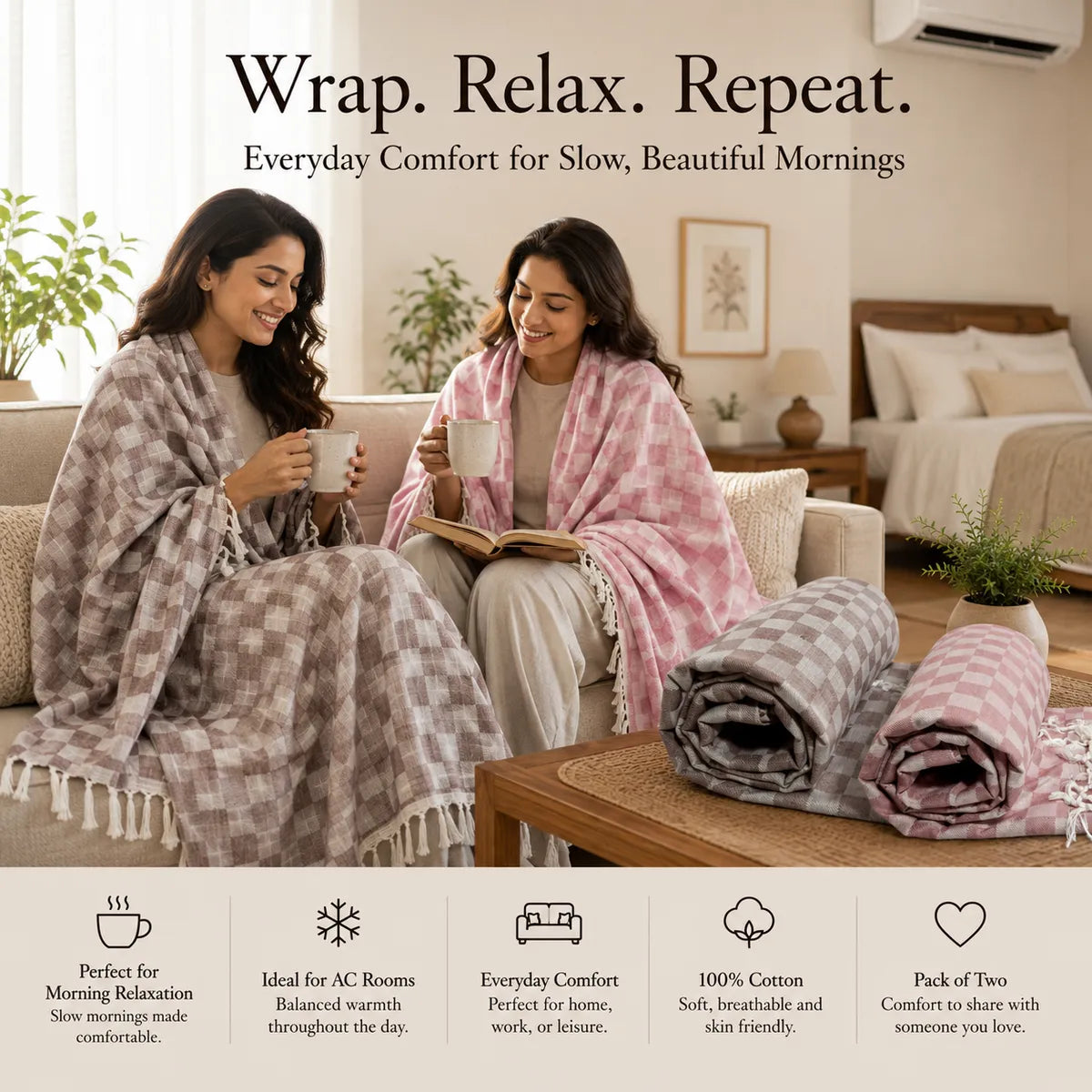 Pack of 2 3D Multicolor Cotton Queen Size Bhagalpuri Dull AC Blanket | 90*50 In