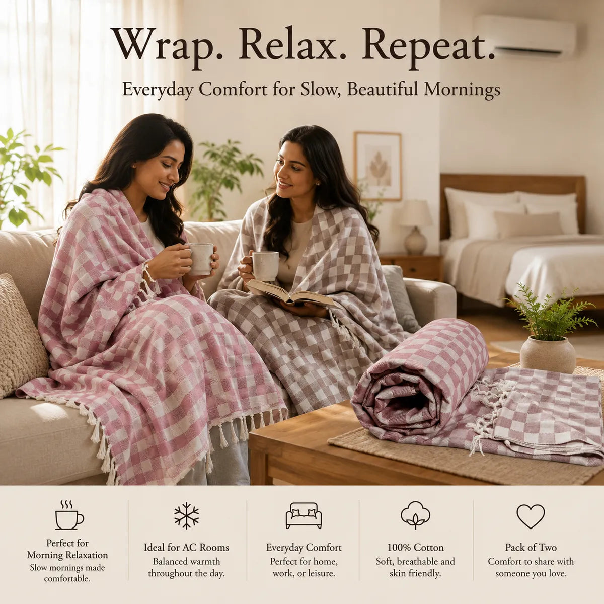 Pack of 2 Multicolour Cotton Queen Size Bhagalpuri Dull AC Blanket | 90*50 In