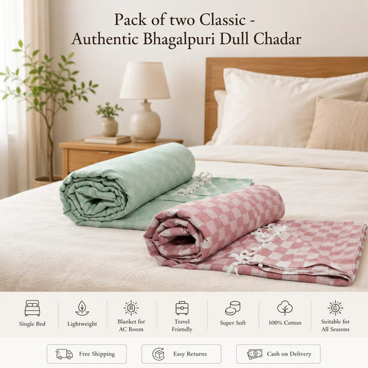 Pack of 2 Multicolour Cotton Queen Size Bhagalpuri Dull AC Blanket | 90*50 In