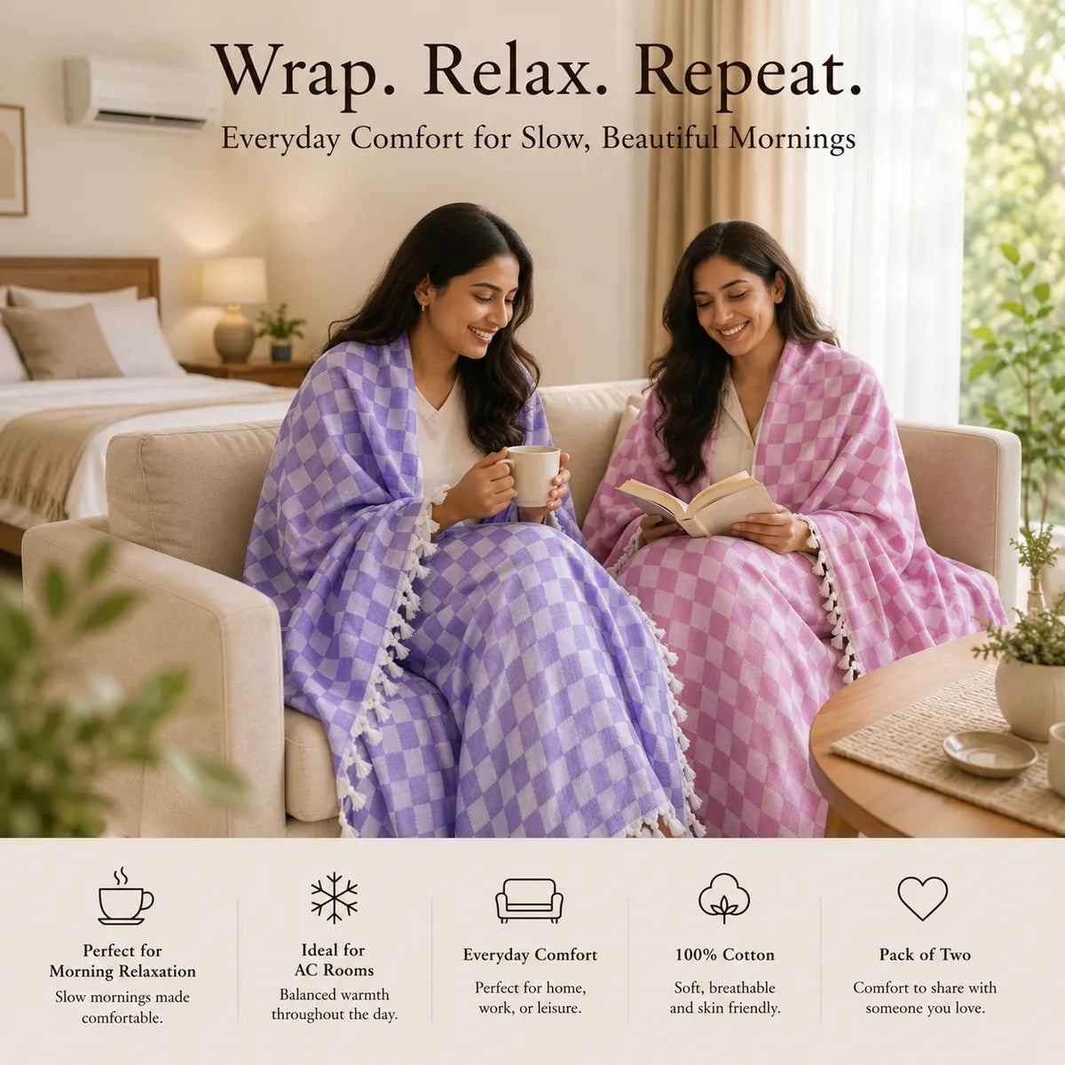 Pack of 2 3D Multicolor Cotton Queen Size Bhagalpuri Dull AC Blanket | 90*50 In
