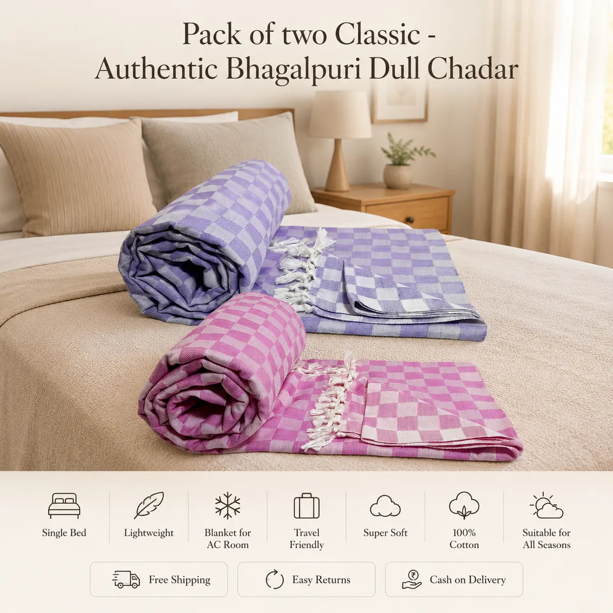 Pack of 2 3D Multicolor Cotton Queen Size Bhagalpuri Dull AC Blanket | 90*50 In